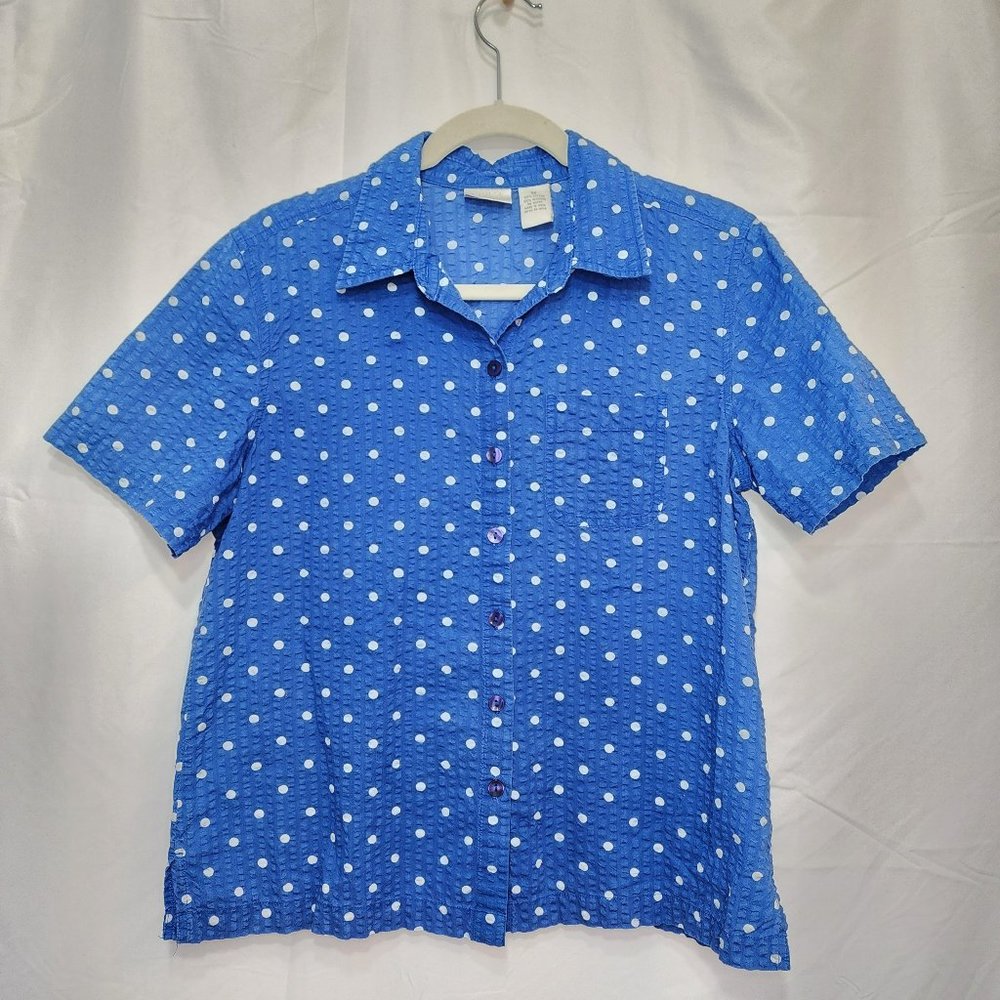 Blue & White Polka Dotted, Crimped, Short Sleeve Blouse.